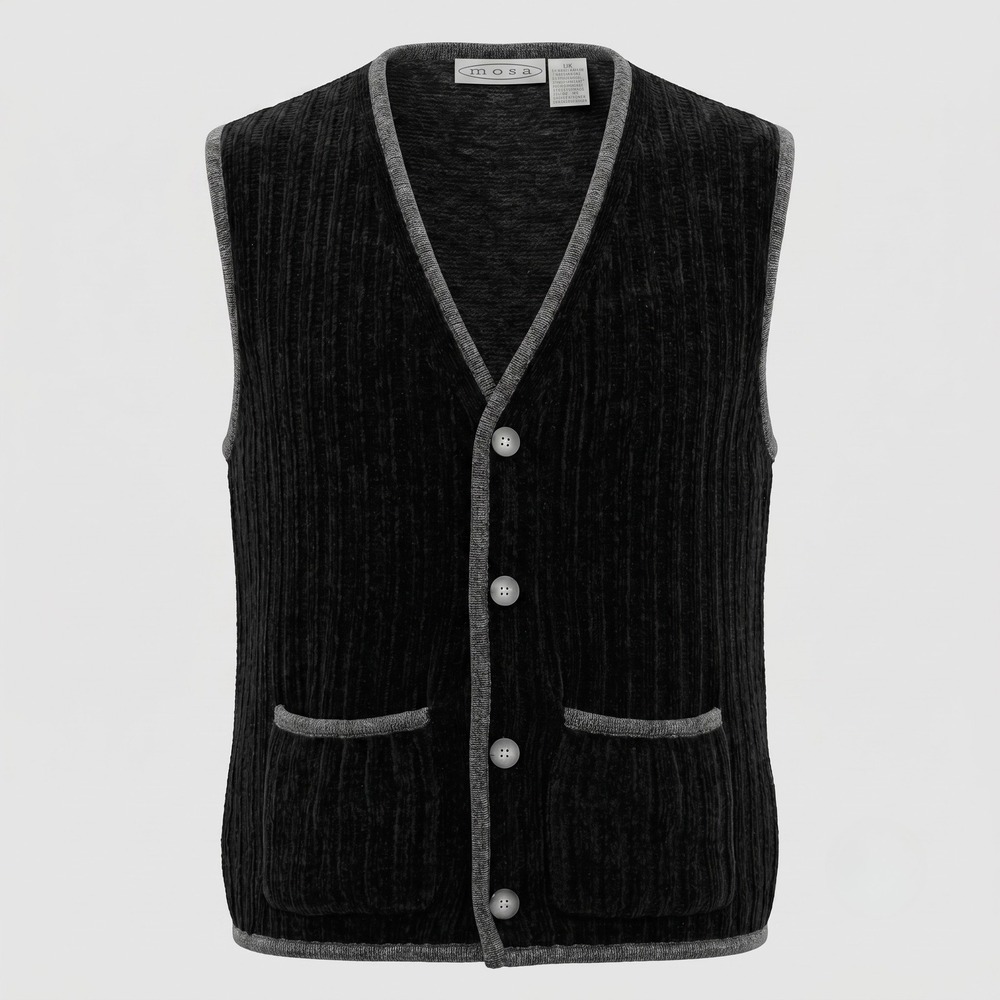 Mosa‎ Mens Large Black Knit Vest Chenille Button Front V-Neck Pockets Vintage